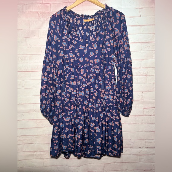 Oliphant M tiered navy animal print leopard peasant dress